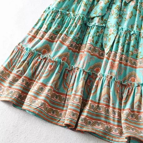 Boho Floral Gypsy Print Dress Mint Ruffle Frill - Picture 7 of 9